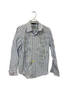 7 Diamond Button Up Shirt Mens Medium Gray Stripe Floral Print Long Sleeve